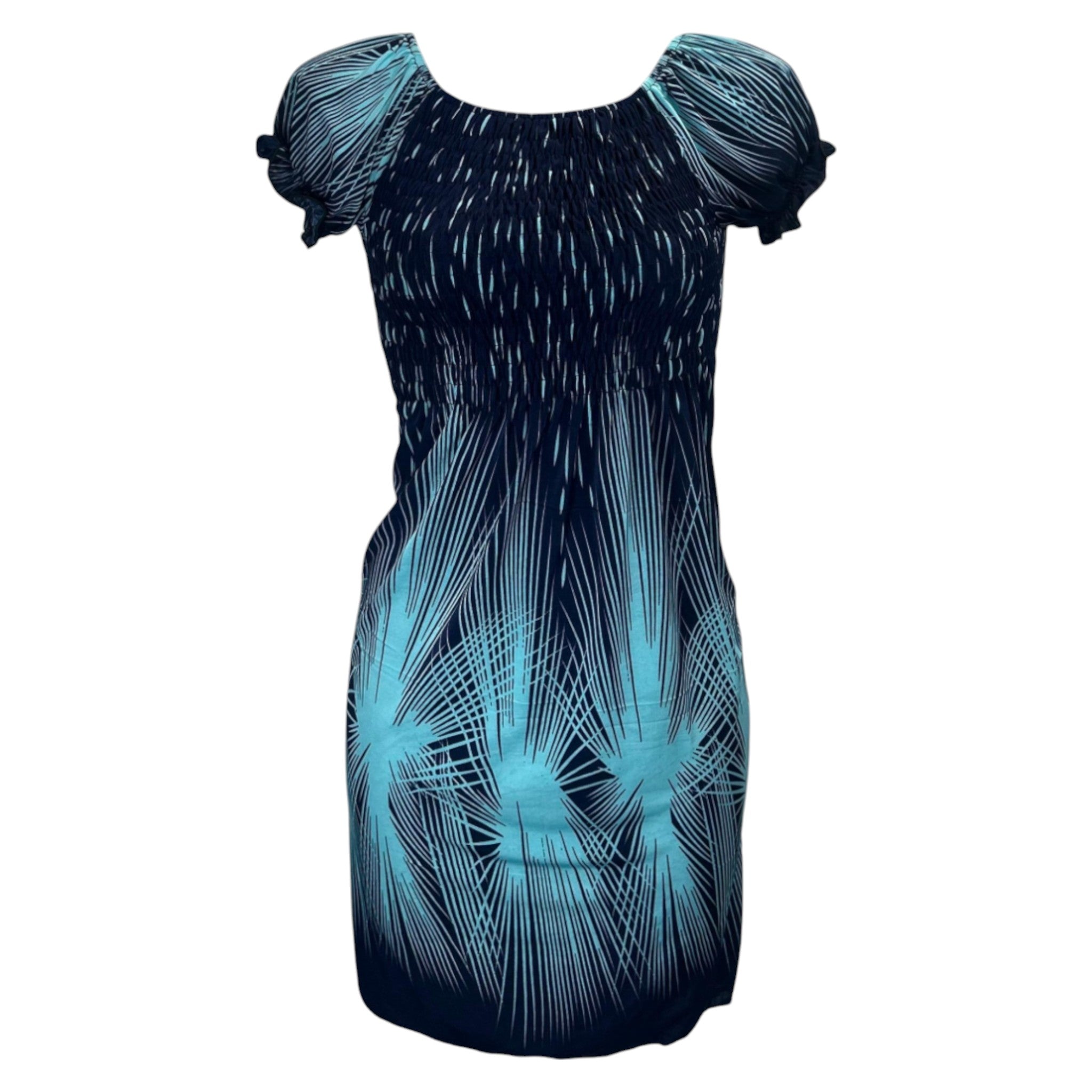 Women's navy and aqua tropical print summer dress with flutter sleeves – lightweight casual beachwear outfit